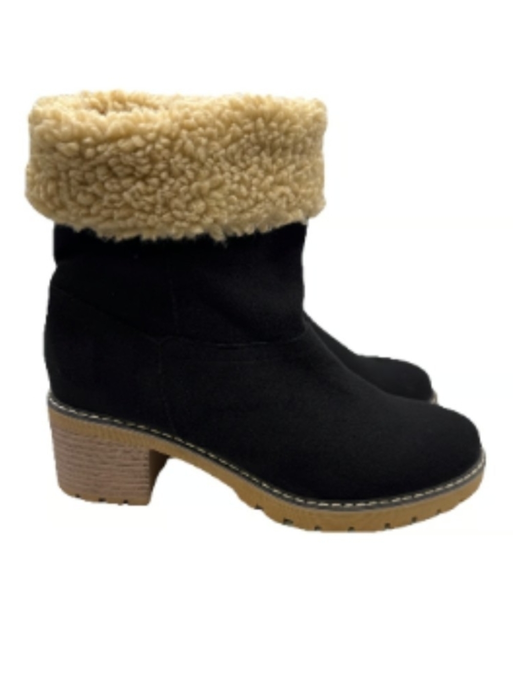 Maurices Black Faux-Suede Ankle Boot with Cream Shearling Cuff 8